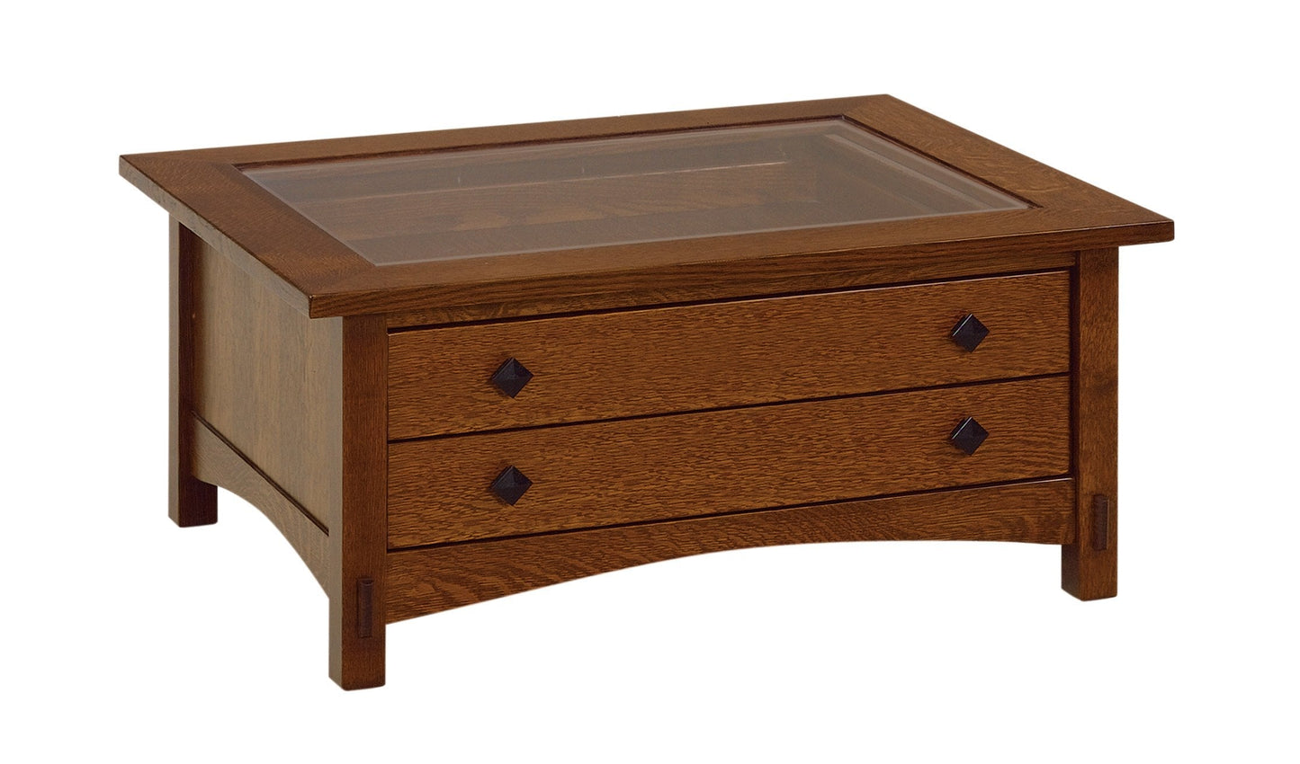Table basse Amish Springhill à deux tiroirs avec plateau en verre