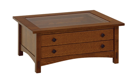 Table basse Amish Springhill à deux tiroirs avec plateau en verre