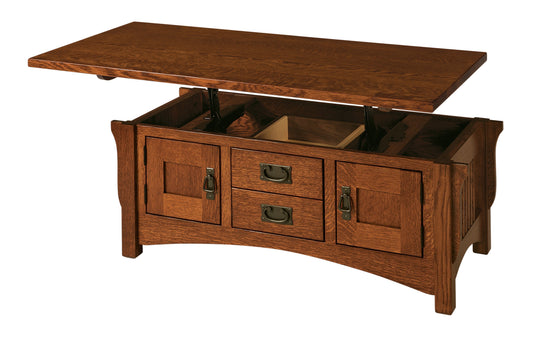 Table basse Amish Logan à deux tiroirs et deux portes avec plateau relevable