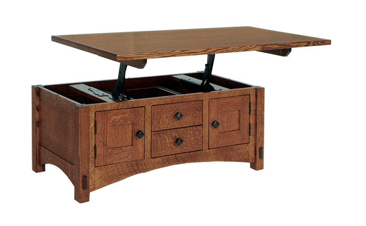 Table basse Amish Springhill à deux tiroirs et deux portes avec plateau relevable